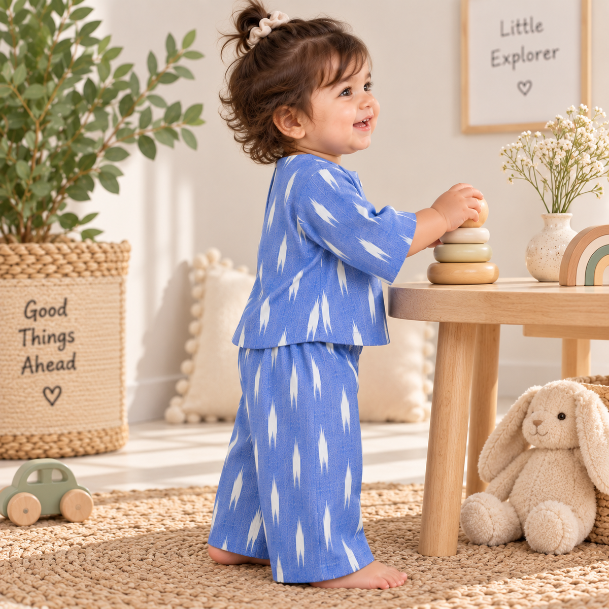 Blue Ikat Print Toddler Lounge Set – 2-Piece Relaxed Outfit