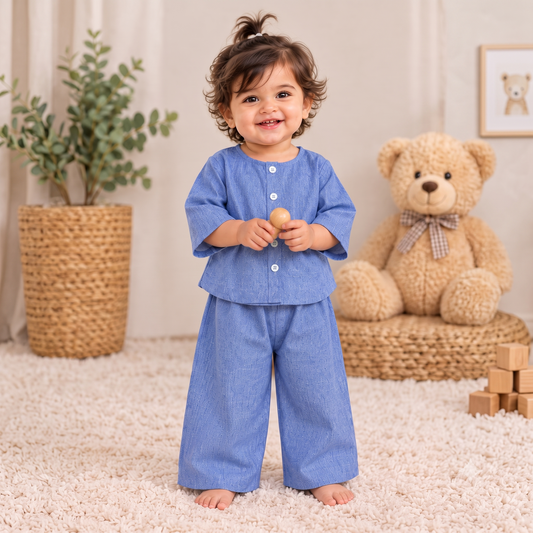 Cornflower Blue Toddler Lounge Set – 2-Piece Linen-Look Co-ord